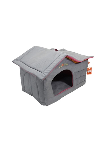 Lavista Çatılı Kedi ve Köpek Evi Gri Kadife Iç Mekan