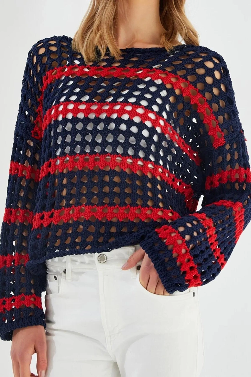 6877 Kadın Çizgili Ajurlu Kayık Yaka Triko Kazak Lacivert Lacivert