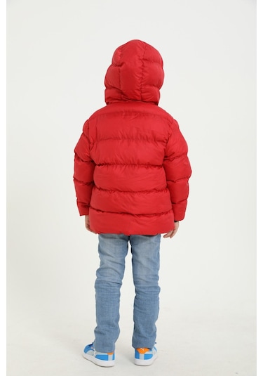 Erkek Çocuk Kırmızı İçi Polarlı Kapüşonlu Su Geçirmez Rüzgara Dayanıklı Cepli Şişme Kışlık Mont Kırmızı