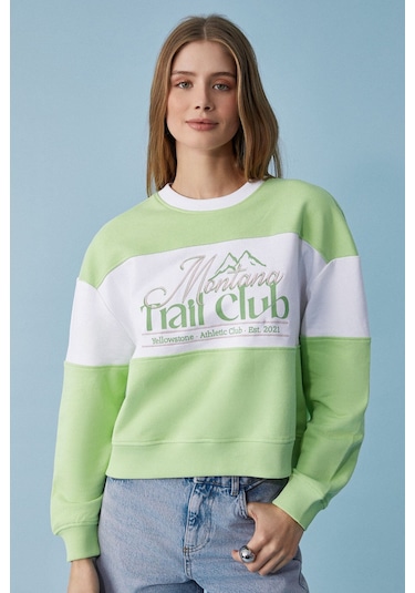 GRIMELANGE Payne Kadın Bisiklet Yaka Oversize Beyaz / Fıstık Yeşili Sweatshirt Beyaz / Fıstık Yeşili Beyaz - Yeşil