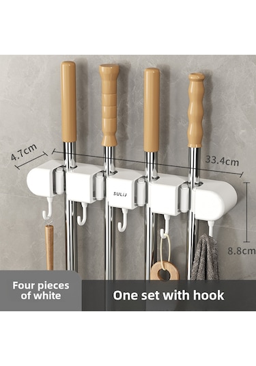Geeroyoo Duvar Montlu Dört Klemeli Süpürge Tutucu - Deliksiz Yapıştırıcı Tasarım, Banyo/temizlik Gereçleri Organizerı Beyaz Diğer