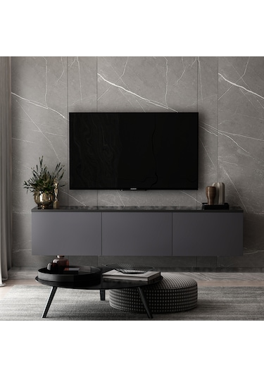 Neon 3 Kapaklı Duvara Monte Tv Ünitesi, Tv Sehpası Antrasit Mermer Desen - Antrasit Antrasit