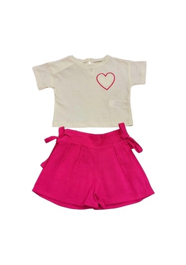 Kız Bebek Kalpli T-shirt Keten Şortlu Takım-13875 Bej