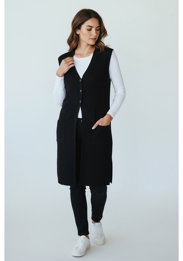 Kadın Önü 3 Düğmeli Üstten Cepli Uzun Yelek Siyah
