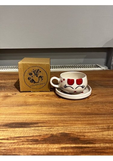 Kedi Desenli Tabaklı Seramik Kupa, Mug, Double T. Kahvesi Filtre