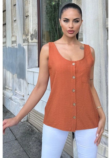 Kadın Kiremit Yuvarlak Yaka Ve Düğme Detaylı, Kalın Askılı Keten Atlet Bluz Kiremit