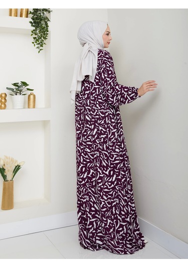 Desenli Önü Büzgülü Viskon Elbise - Mor / E0131 Mor