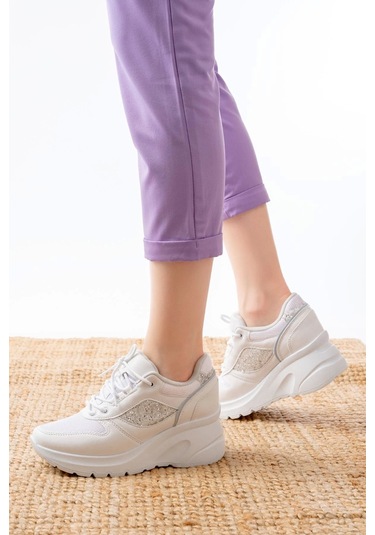 F-185 Beyaz Günlük Bağcıklı Taş Aksesuarlı Yazlık Spor Ayakkabı Beyaz