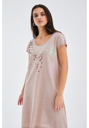 Peraluna Yazlık Boncuk Işlemeli Ince Elbise Bej Bej