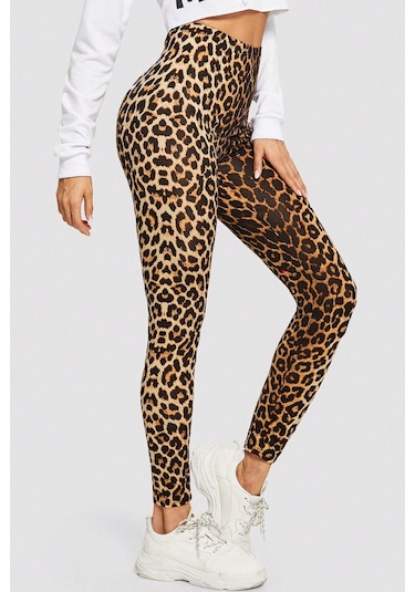 Kadın Leopar Desenli Yüksek Bel Dar Kesim Esnek Tayt LEOPAR