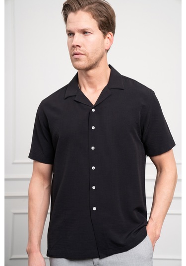 Erkek Siyah Apaş Yaka Kısa Kol Gömlek 25ys004008001 Siyah Siyah