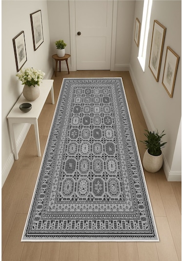 Gri Dijital Baskı Salon Halısı Kaymaz Tabanlı Yıkanabilir Halı Yolluk 511 Gri