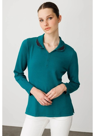 Desen Triko Polo Yaka Likralı Kadın Bluz 25091 Yeşil