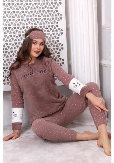 Fawn 3012 Peluş Welsoft Polar Kışlık Vizon Kadın Pijama Takımı Vizon
