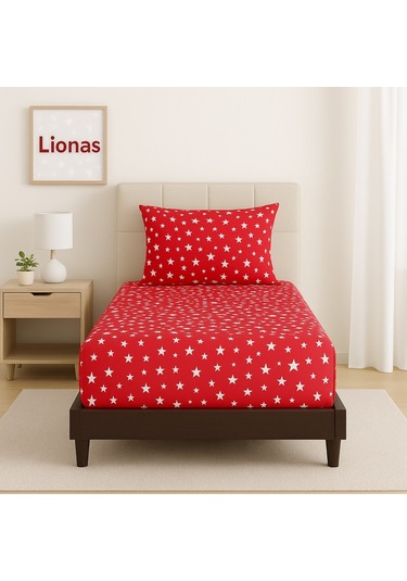 Desenli 100 X 200 Cm Tek Kişilik Kırmızı Yıldız Lastikli Çarşaf Ve Yastık Kılıfı Kırmızı