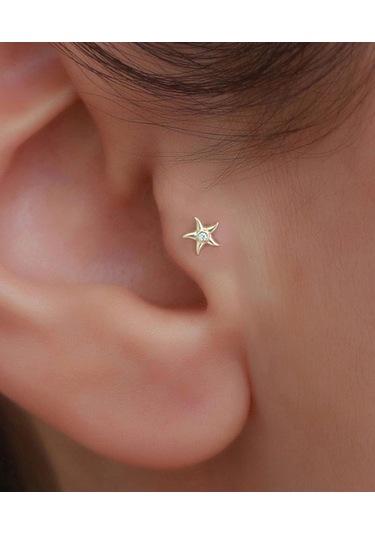 14 Ayar Altın Taşlı Deniz Yıldızı Tragus Piercing Sarı Altın