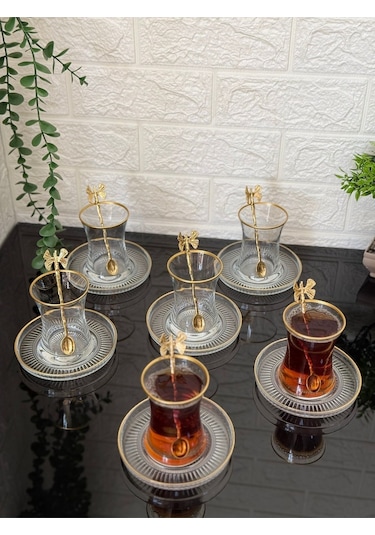 Çeyizci Çarşı 18 Parça Çay Seti Gold Kelebek Çay Kaşıklı 6 Bardak 6 Tabak 6 Kaşık Gold