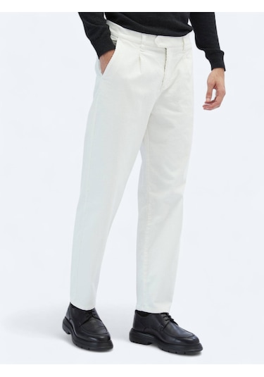 Ekru Dokuma Kadife Casual Pamuk Karışımlı Pantolon Ekru