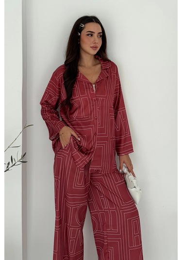 Geometrik Desen Modal Saten Takım Kırmızı Kırmızı