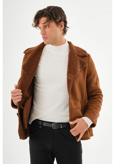 Erkek Regular Fit İçi Kürklü Düğmeli Katlı Yaka Yandan Cepli Klasik Süet Mont Kahverengi