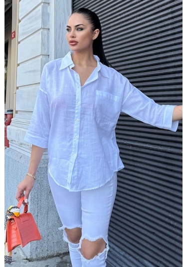 Kadın Beyaz Truvakar Kol, Oval Kesim, Terletmez, Flamlı Keten Salaş Gömlek Beyaz