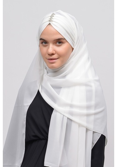 Altobeh Zarif Taşlı Drapeli Hazır Pratik Şifon Kadın Tesettür Şal - Ekru