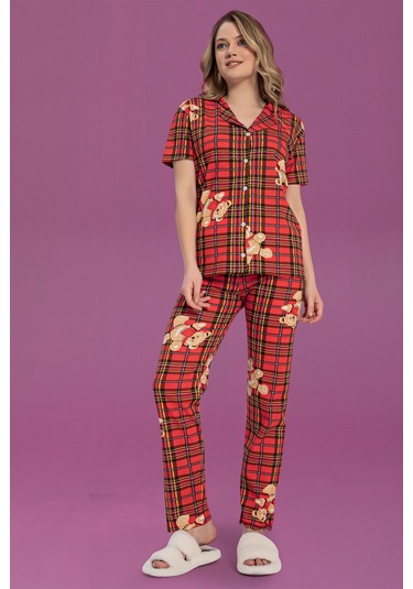Kadın Düğmeli Desenli Pijama Takımı Kırmızı 1974 Waynap Kırmızı