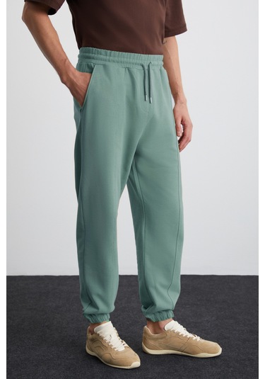 ROWAN Erkek Organik Pamuklu Relaxed Fit İçi Polarlı Süs etiketli Jogger Yeşil Eşofman Altı