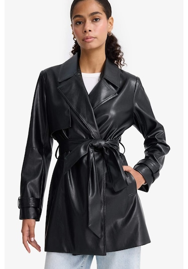 Defacto Regular Fit Kemerli Cepli Suni Deri Kısa Trençkot E8596ax25aubk27 Siyah