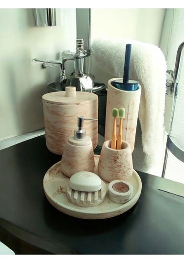 Mermer Desen Bej Beton Banyo Seti,tuvalet Fırçası,çöp Kovası,katı,sıvı Sabunluk,sunum Tepsi,mumluk. Bej