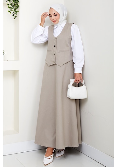 İkili Gabardin Yelek Etek Takım 1400 - Taş Taş