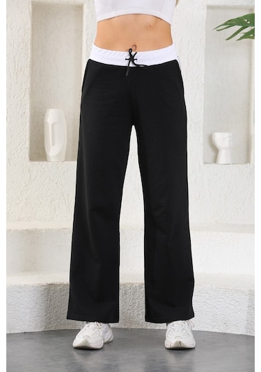 Kallima Siyah Beyaz Kemerli Mevsimlik Bol Paça Kadın Eşofman Altı Siyah