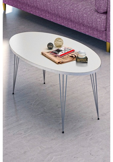 Zigon Sehpa Ve Orta Sehpa Elips Set Gümüş Beyaz Tel