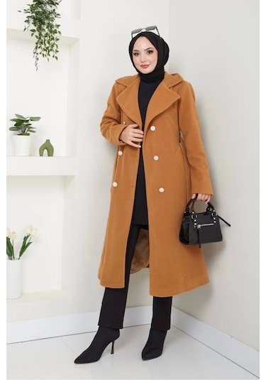 Kadın Polar Kaşe Uzun Kaban / M0107 - Camel Kahverengi