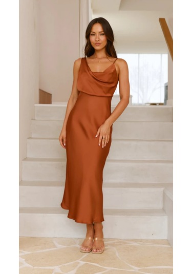 Yaz Yeni Kadın Düz Renk Askılı Elbise Açık Kahverengi