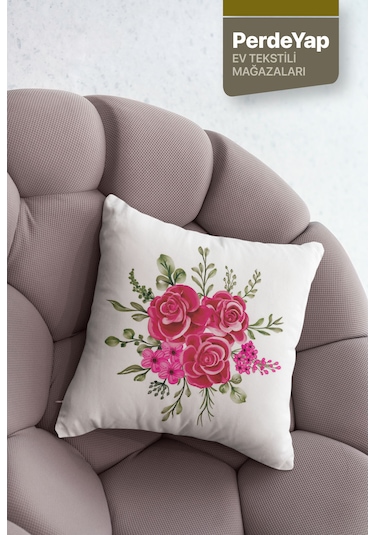 Kanaviçe Pembe Çiçek Desenli 4'lü Dijital Baskılı Kırlent Kılıfı