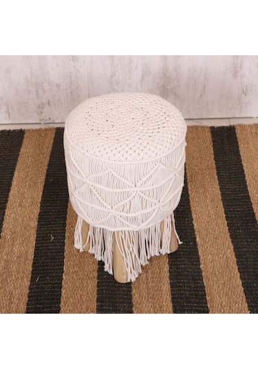 Makrome Tabure Puf & Stools - Doğal Teak Gövde 33x48 Cm Beyaz