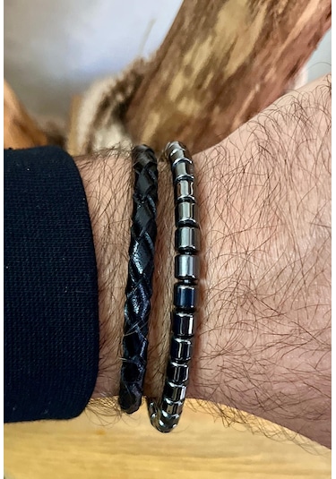 %100 Deri&hematit Kombin Erkek Bileklik Net 23cm Türk El Üretimi Siyah - Gri