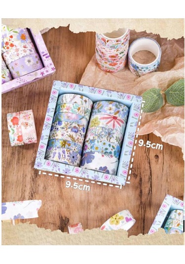 Kare Vintage Washi Tape Bant Yapışkanlı Maskeleme Kağıdı Desenli Bant 12'li - Mavi Çiçekler 1
