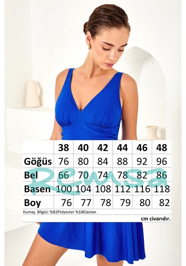 Uv Korumalı V Yaka Elbise Mayo Etekli Mayo Yüzücü Mayo 4153 Saks Saks Mavi