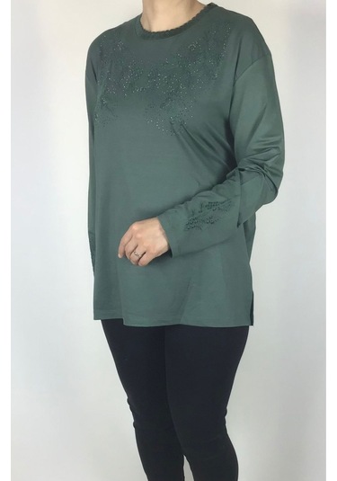 Kadın Likralı Turlu Viskon Büyük Beden Yaka Ve Kolağzı Taşlı Ve İşlemeli Bluz Mint Yeşili