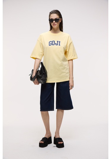 Grımelange Gojı Kadın %100 Pamuk Baskılı Oversize Fit Bisiklet Yaka Kısa Kollu Sarı T-shirt Sarı
