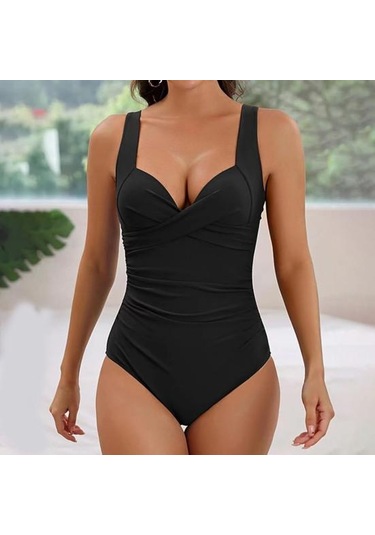 Kadın Monokini V Yaka Askılı Kolsuz Tek Parça Mayo Ayarlanabilir Askılı Sırtı Açık Yüksek Bel Mayo Siyah