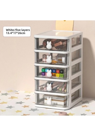 Beyaz Tavşan Beş Katlı 30'lu Kutu Kozmetik Saklama Dolabı, Çekmece Tipi Çok Katmanlı Plastik A