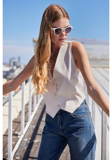 Bigdart 6794 Çizgili Dokuma Yelek - Bej 001