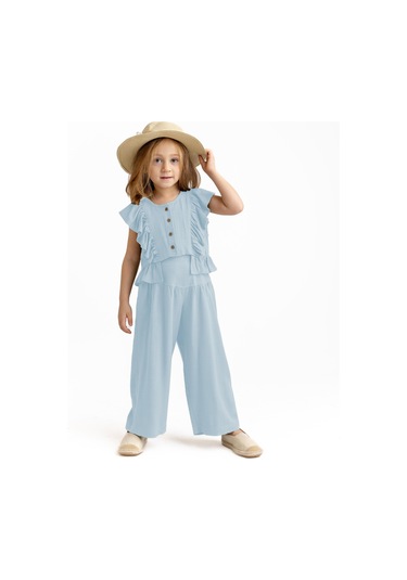 Korsajlı Büzgülü Keten Kız Çocuk Pantolon Mavi Mavi