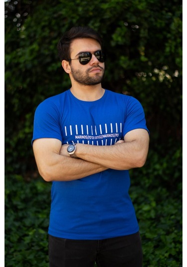 Erkek Mavi Çizgi Baskılı Normal Kesim Bisiklet Yaka Erkek Tişört 22etshmros 001