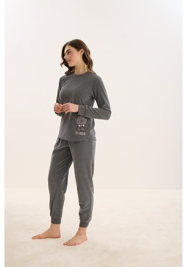 Kadın Uzun Kol Antrasit Kadife Pijama Takım C3t8n0o61 001