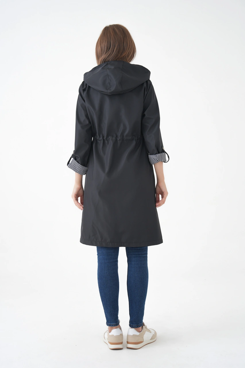 Kadın Rüzgar Ve Su Geçirmez Bondit Kumaş Çıkarılabilir Düğmeli Kapüşon Beli Tünelli Mevsimlik Trençkot Siyah