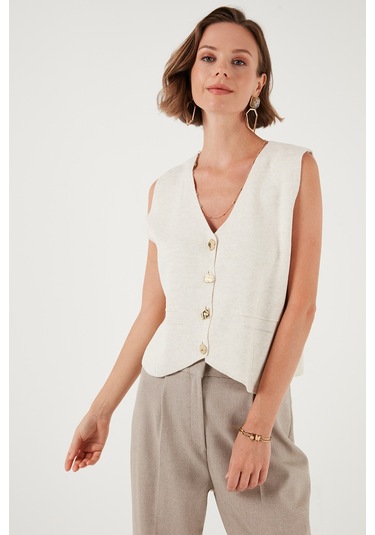 Lela Standart Fit V Yaka Düğmeli Triko Bayan Yelek 4616177 Taş